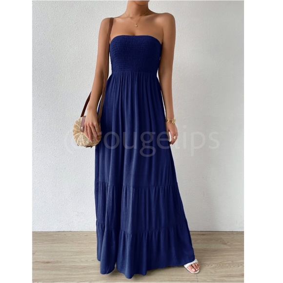 Strapless Maxi Dress Long Navy Blue Shirred Top Flared - Picture 2 of 8